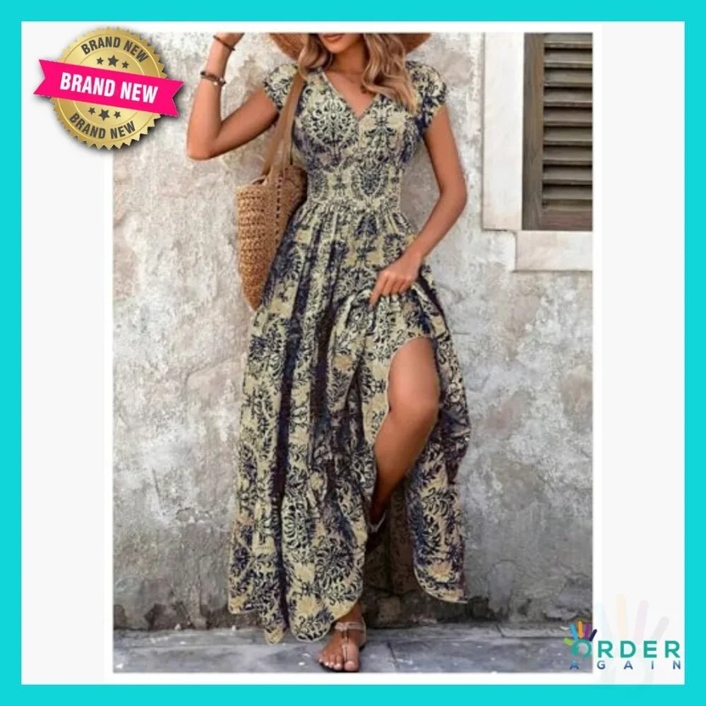 Vintage Boho Maxi Dress Floral Print Smocked Waist Summer Casual Vacation - Picture 5 of 5